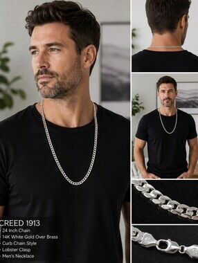 CREED 1913 Men's 24" 14K White Gold Over Brass Curb Chain Necklace Silver Tone